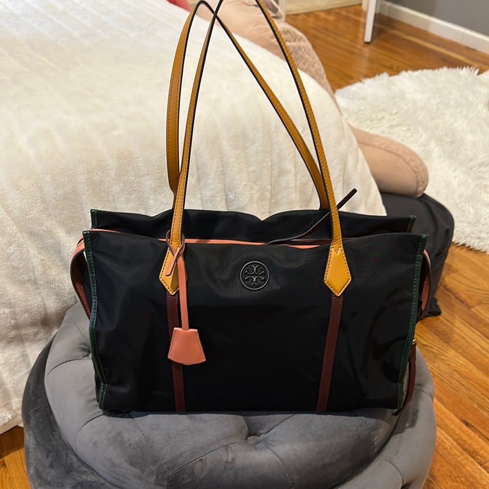 Authentic Black Tory Burch Nylon and Leather Colorblock Large Tote